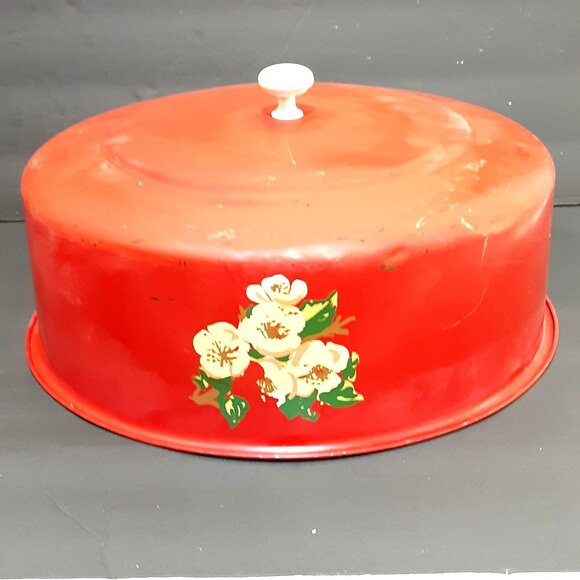 Vintage 1950s Metal Cake Cover Red Farm Country Retro - Picture 1 of 5
